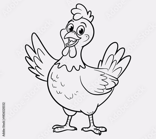 Playful line drawing of a laughing chicken, outlined in bold black vector lines. With no background, the cheerful design invites children to color and bring the lively character to life.