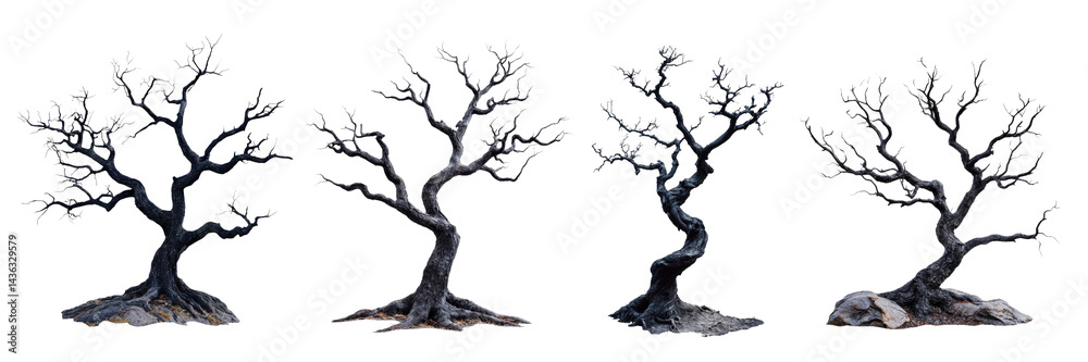 Fototapeta premium Black Dry Trees on Transparent Background in Various Poses for Creative Design Projects