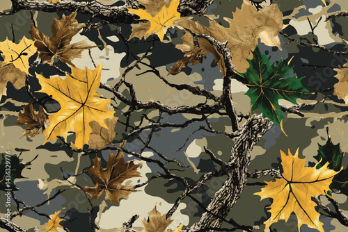 Real tree hunting background. Camouflage seamless pattern. Vector camo background. Digital camouflage. Oak tree. Forest texture. Jungle pattern. Tree seamless design.