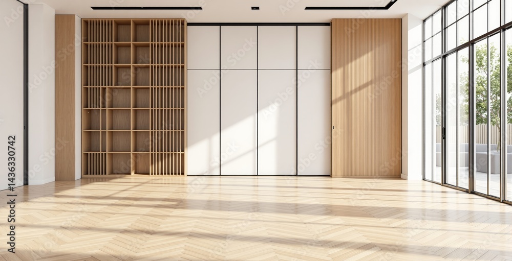 Obraz premium Modern interior design featuring wooden shelving, minimalist style, bright spacious room with large windows and natural light, concept of contemporary living. Ai generative