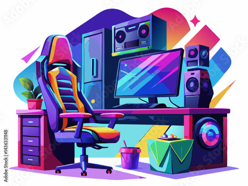 A high-quality vector of a powerful gaming computer setup with dual monitors, RGB lights, and a stylish chair, isolated on a white background
