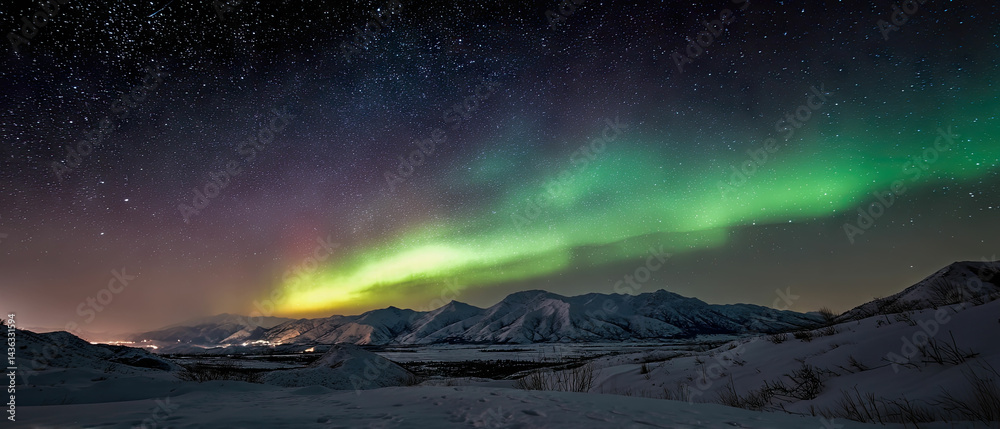 Naklejka premium Aurora borealis night sky stars northern lights winter landscape view