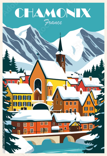Chamonix, France ski poster in retro style. Winter landscape vector colorful illustration