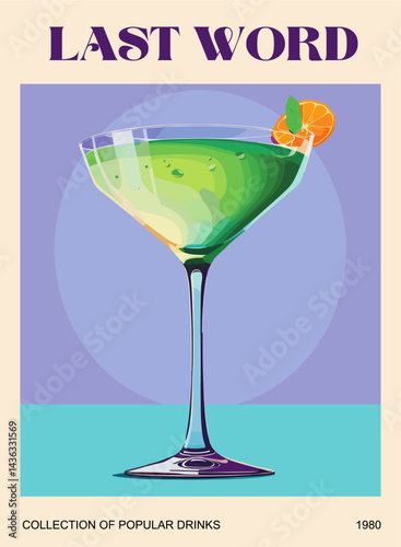 Cocktail retro poster. Last Word classic cocktail. Popular alcohol drink. Vintage flat vector illustration for bar, pub, restaurant, kitchen wall art print	