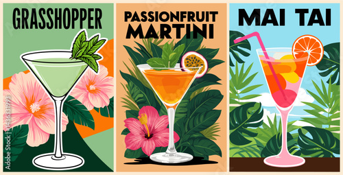 Cocktails retro poster set. Grasshopper, Passion Fruit Martini, Mai Tai. Collection of summer exotic drinks. Vintage flat vector illustrations for bar, pub, restaurant, kitchen wall art print.