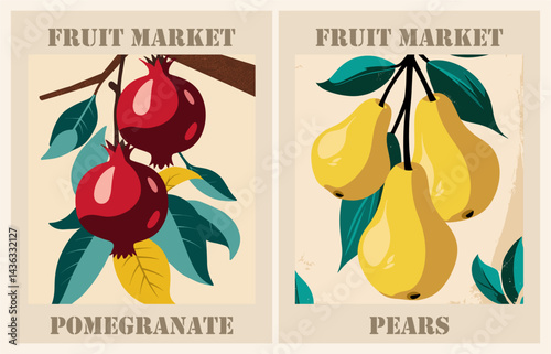 Set of abstract Fruit Market retro posters. Trendy kitchen gallery wall art with peear, pomegranate. Modern naive groovy interior paintings. Vector art illustration.