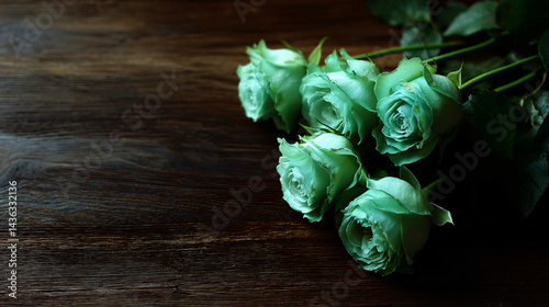 Mint green roses arranged on rich dark wooden surface