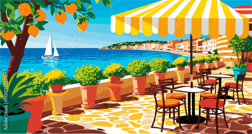 Landscape with a beach, street cafe, sailboat in the water and a yellow and white striped umbrella. Colorful vector illustration