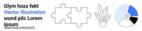 Two puzzle pieces, potted plant, and pie chart with gear detail emphasizing problem-solving, progress, collaboration, organization, creativity, strategy and planning. Ideal for flat landing page