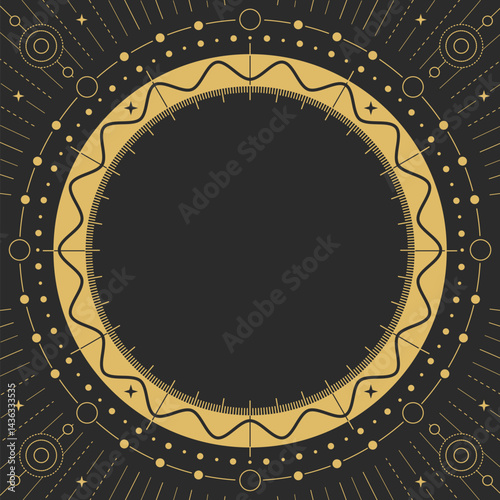 Modern magic witchcraft round astrology frame with galaxy and stars on black background. Line art occult vector illustration