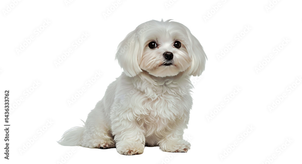 Obraz premium An elegant Maltese dog sits beautifully, showcasing its long, silky white coat and a sweet facial expression. Glamorous toy breed isolated on white.