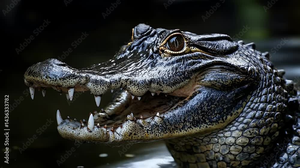 Caiman Close Up of Open Mouth Showing Teeth Scales and Eyes with Dark Green Background Wildlife Stock Photo Caiman Close Up of Open Mouth Showing Teeth Scales and Eyes with Dark Green Background Wildlife Stock Photo