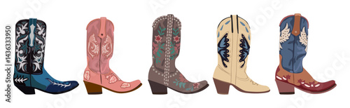 Set of different cowgirl boots. Traditional western cowboy boots decorated with embroidered wild west ornament. Vector illustrations on white background.