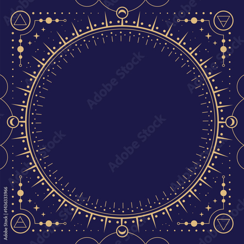 Modern magic witchcraft round astrology frame with Four elements, stars, sun and moon on blue background. Line art occult vector illustration