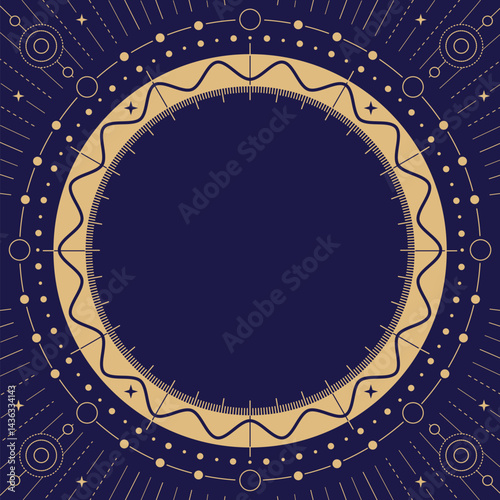 Modern magic witchcraft round astrology frame with galaxy and stars on blue background. Line art occult vector illustration