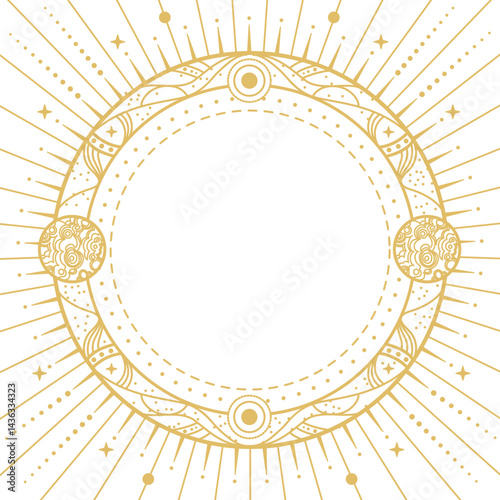 Modern magic witchcraft round astrology frame with galaxy, planets, stars, sun and moon isolated on white background. Line art occult vector illustration