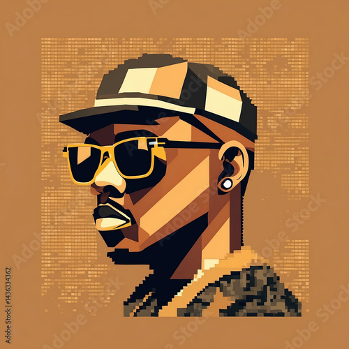 A striking digital art portrait of a man with sunglasses and cap, depicted in a stylized mosaic.