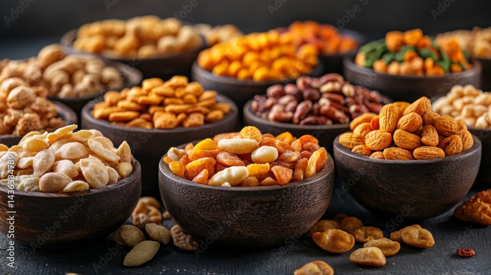 Assorted Nuts, Seeds, and Dried Fruits in Bowls Assorted Nuts, Seeds, and Dried Fruits in Bowls
