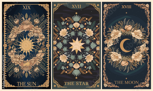 A series of Tarot black and gold cards with a crescent moon, stars and mystical elements on them. Vector illustration