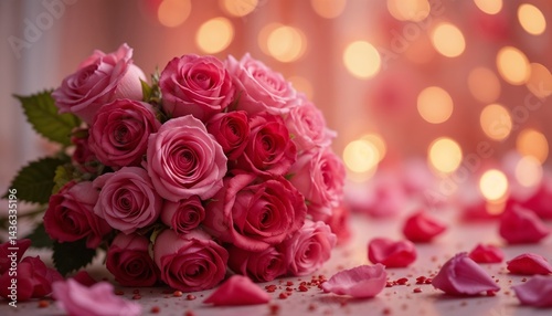 Romantic pink roses bouquet with petals on a soft background  