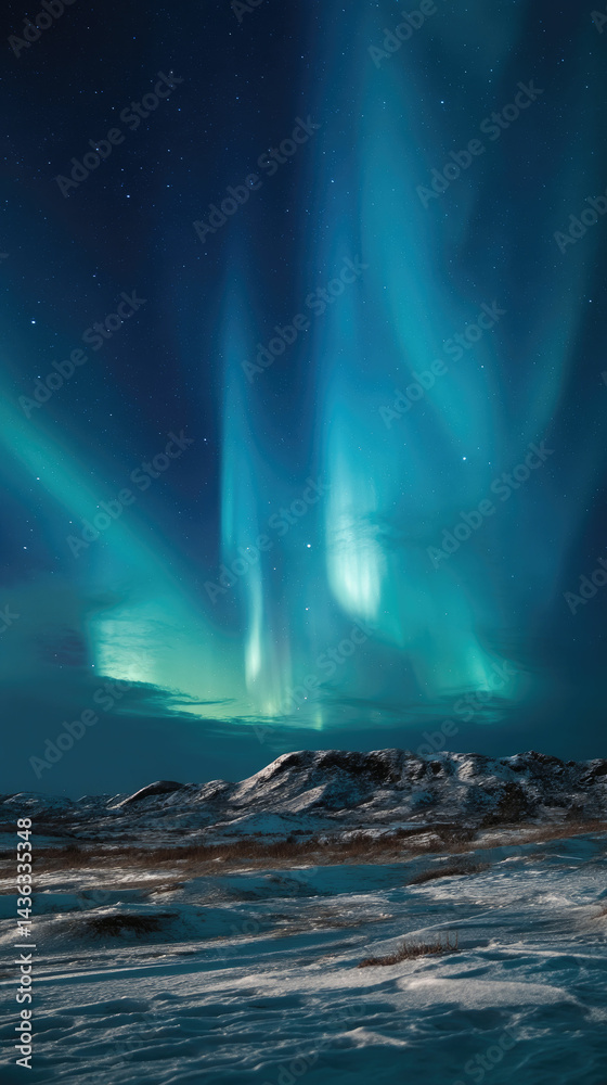 Naklejka premium Aurora borealis northern lights night sky winter landscape scenic view