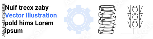 Gear symbolizing process, stacked coins signifying finance, traffic light for regulation or control. Ideal for economy, business, industry, traffic systems, decision-making, process flow simple