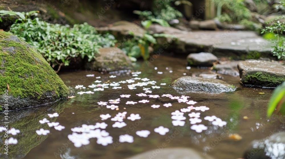 Fototapeta premium Delicate blossoms drift on a tranquil garden stream.