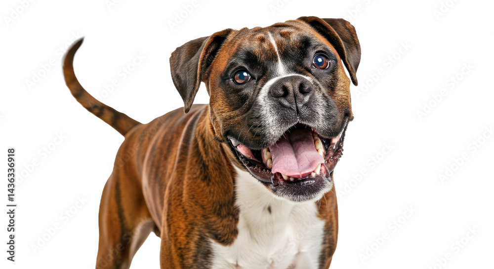A playful Boxer dog stands with an open mouth and happy eyes, looking energetic and friendly. Full body muscular breed isolated on white. A playful Boxer dog stands with an open mouth and happy eyes, looking energetic and friendly. Full body muscular breed isolated on white.