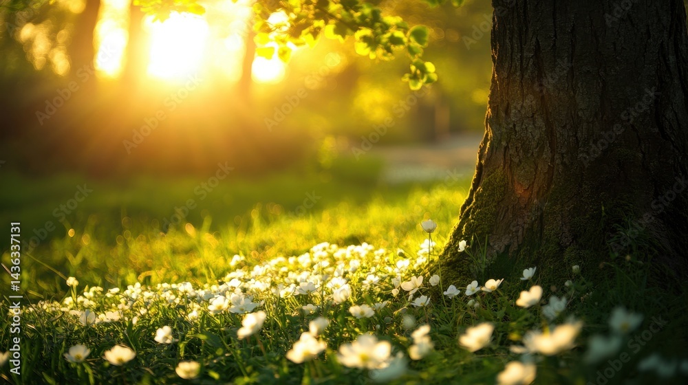 Obraz premium Sunlit meadow with blooming white flowers beneath a large tree, evoking a peaceful morning vibe.