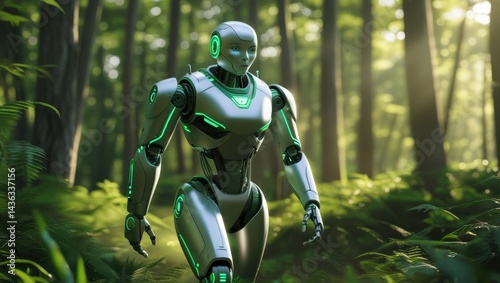 futuristic robot walking through enchanting forest