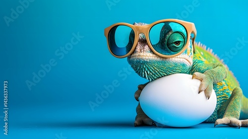 Happy Easter Chameleon with Sunglasses and Egg Blue Background