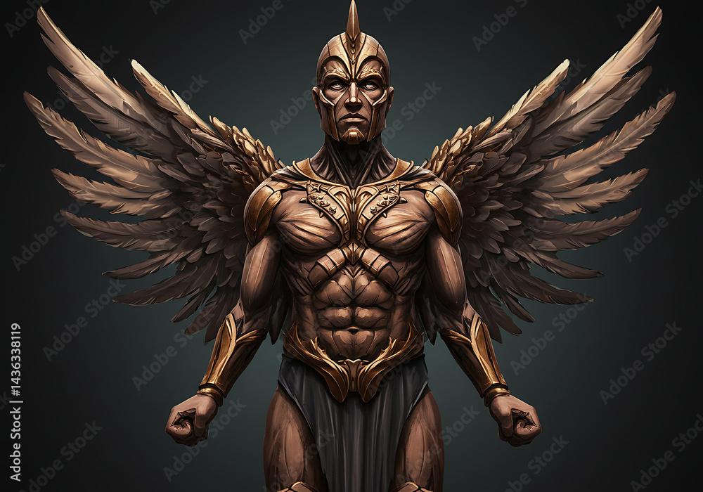 Fototapeta premium Digital art of a muscular warrior with golden wings, armor, and a determined expression, standing against a dark background.