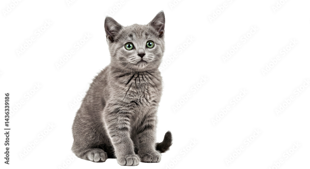 Fototapeta premium An adorable Russian Blue kitten sits cutely, showcasing its plush silvery fur and big, curious green eyes. Elegant young feline isolated on white.