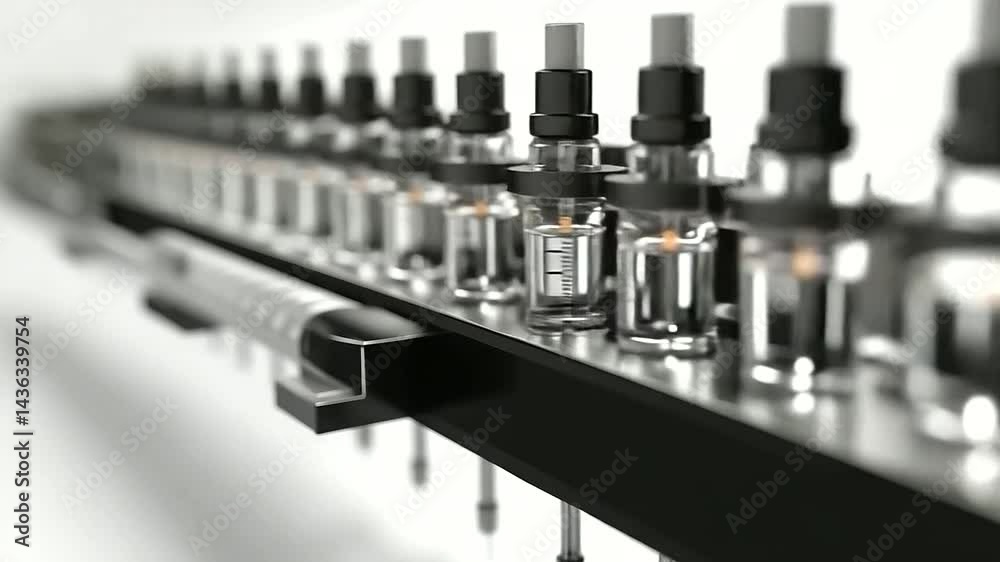 A fully automated insulin syringe production line, isolated with precise parts visible on a white background. A fully automated insulin syringe production line, isolated with precise parts visible on a white background.