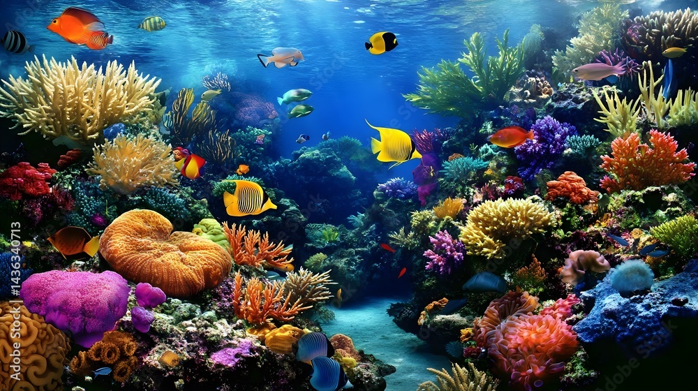 Naklejka premium Vibrant Coral Reef Teeming with Colorful Fish Underwater Scene