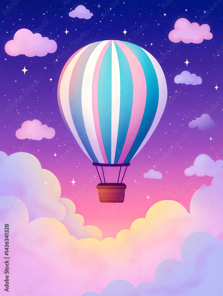 Obraz premium Hot air balloon floating among clouds and stars