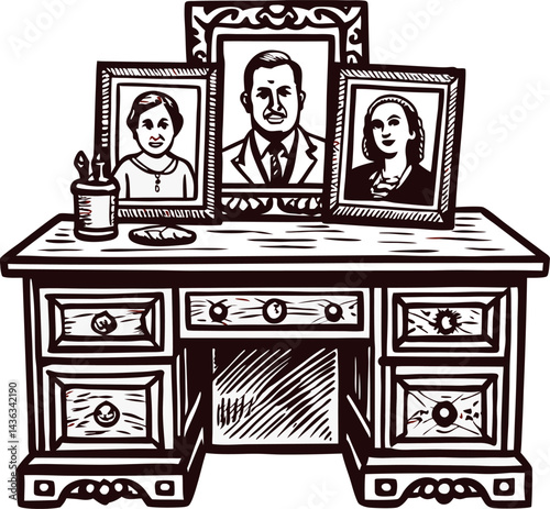 Vintage desk with family portraits depicting caucasian adults in ornate frames.