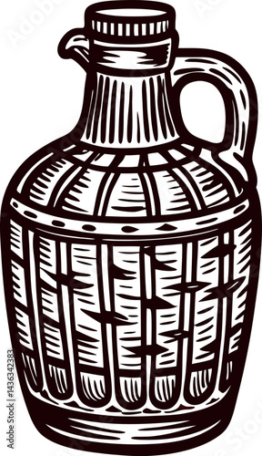 Vintage handcrafted jug with wicker design and handle on white background