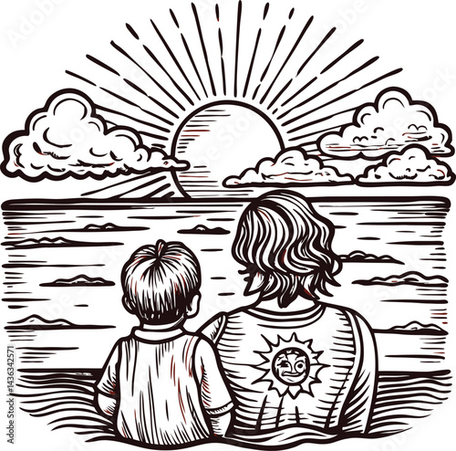Young boy and adult sitting by the ocean at sunrise, embracing nature and serenity
