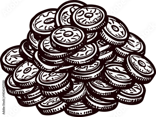 Pile of vintage coins symbols of wealth and history in monochrome art.