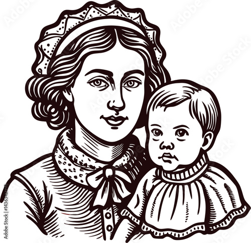 Victorian era caucasian woman with child classic portrait.