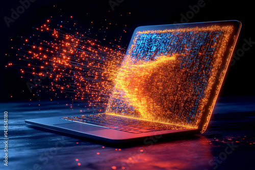 A laptop exploding with data and code, a 3D render with a glowing orange light effect