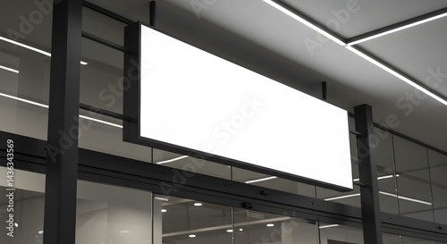 AI image presents a blank white rectangular hanging sign mockup with black frame, inside a modern building interior near glass entrance.