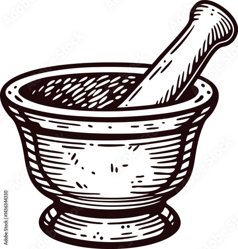 Vintage mortar and pestle in hand drawn