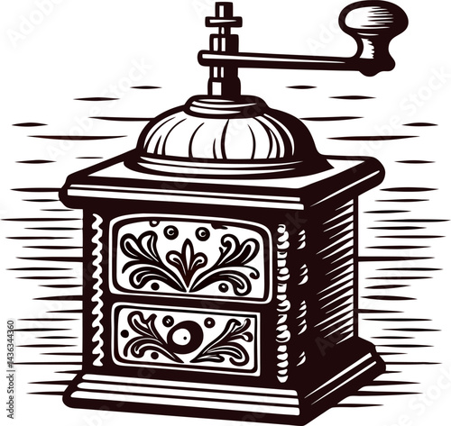 Vintage wooden coffee grinder with hand crank and ornate design