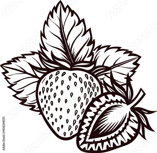 Hand drawn strawberry with leaves in black and white line art design