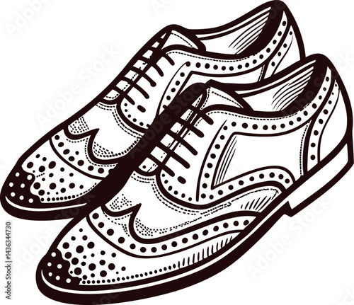Classic brogue dress shoes with intricate detailing in black and white drawing