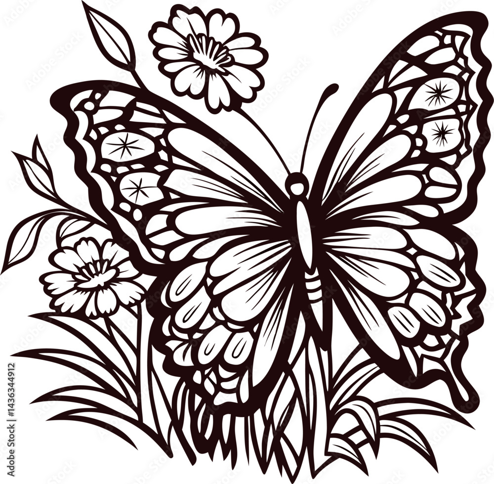 Obraz premium Intricate butterfly and floral design in black and white line art
