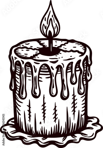 Vintage ink drawing of a dripping candle with a flickering flame on a rustic base