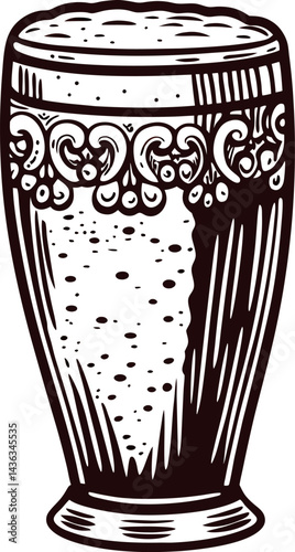 Intricately designed beer glass with foamy beverage art on a white background